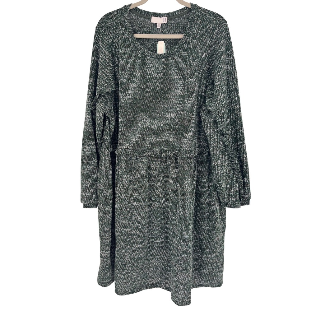 Anthropologie Plus RO & DE Ruffle Trim Knit Dress 2X Dark Green Long Sleeve NWT